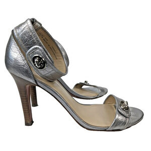 Coach Harleigh Cuba Ankle Strap Sandals Heels Court Leather Metallic Silver 10